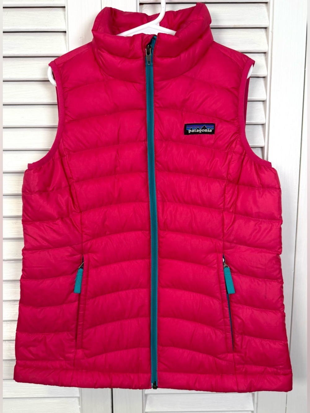 Patagonia Kids Bright Pink Puffer Vest with Teal Trim